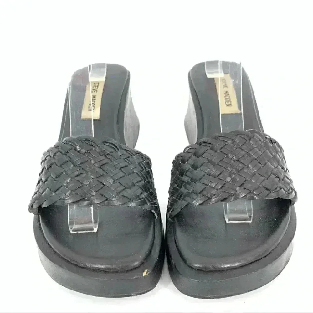 Steve madden sandals 8.5 Lil Black woven leather chunky wooden platforms 90s y2k